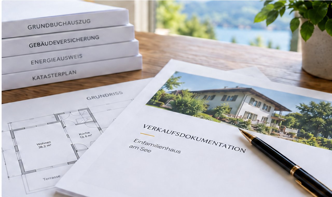 Verkaufsdokumentation und Grundriss fuer Immobilienverkauf